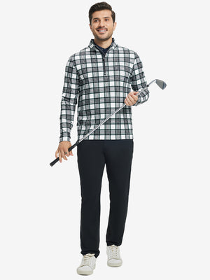 Model holding golf club in Full print lightweight quarter zip pullover with sporty retro grey plaid