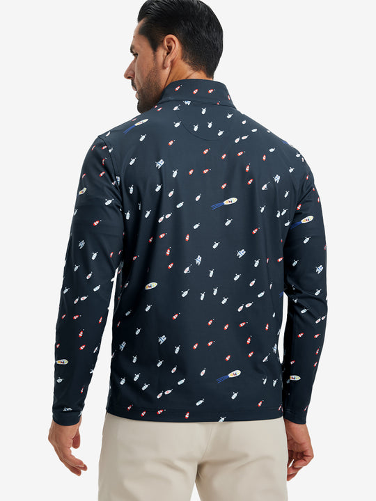 Back upper body angle of the ocean yacht full print quarter zip pullover, model turns head slightly.