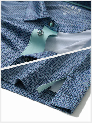 Hem detail of Performance quick dry print golf polos with neat stitching and navy light blue ovals finish