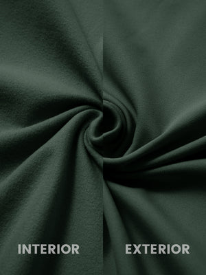 Close-up of inside and outside fabric of lightweight casual fleece jacket with 5 pockets in forest green.