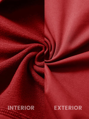 Inside and outer fabric close-up of red youth winter micro-fleece quarter zip pullover, soft fleece.