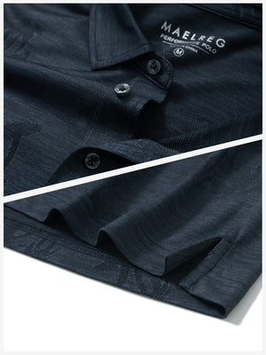 Detail shot of collar and hem of navy coconut tree breathable jacquard pattern 3-button golf polo