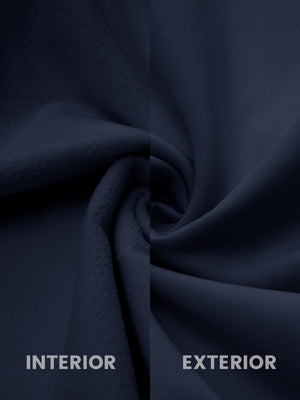 Close-up of navy softshell jacket showing water resistant outer shell and smooth inner lining.