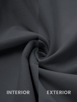 Close-up of dark grey softshell jacket showing water resistant outer shell and smooth inner lining.