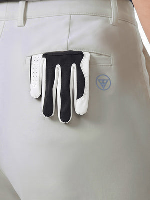 Detail view of back pocket on silver grey women's regular fit stretchy golf pants