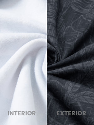 Fabric close-up of trendy print fleece hoodies, plush texture with warm black grey leaf feel