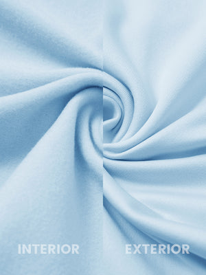 Casual solid fleece hoodies pullover in light blue, detailed close-up of soft fleece fabric with smooth and cozy texture