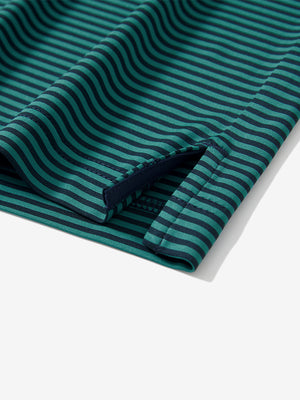 Detail: hem slit of turquoise stripe upgraded two-tone striped quick dry polo shirt