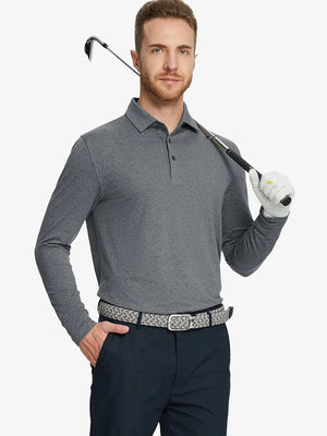 Model wearing Black Grey Heather Skin-friendly Long Sleeve Melange Polo – front half-body holding golf club