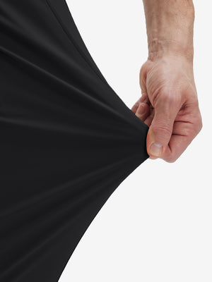 Detail view of pants elasticity on black flat front golf joggers pants with belt loops