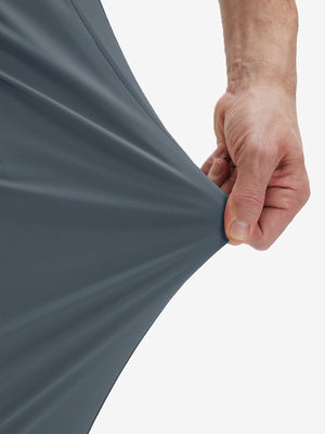 Detail view of pants elasticity on grey blue flat front golf joggers pants with belt loops