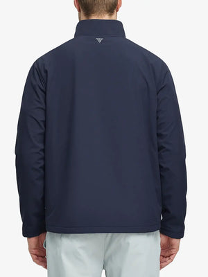 Back half-body shot highlighting the streamlined fit of the Navy Softshell Jacket