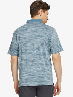 Rear half-body look highlighting the polo’s athletic cut in SLATE GREEN HEATHER