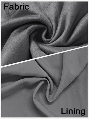 Close-up view of neutral grey classic micro suede leather puffer vest showing inner lining and outer fabric  details