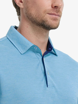 Close-up of Modern Fit Melange Polo front (nose to chest) in AQUA HEATHER, showing fresh melange texture.
