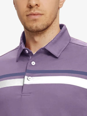 Front chest view of model wearing Chest Print Polo Shirts in Lavender