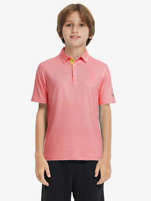 Model front upper body wearing Stylish print boys polo shirts in fresh candy pink line style