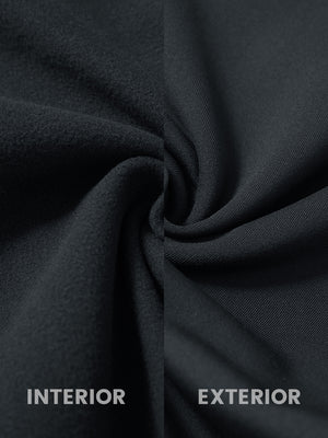 Inside and outer fabric close-up of dary grey golf lightweight fleece lined dress pants, soft fleece lining.