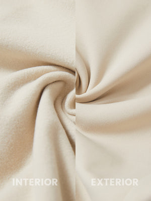 Inside and outer fabric close-up of light khaki golf lightweight fleece lined dress pants, soft fleece lining.