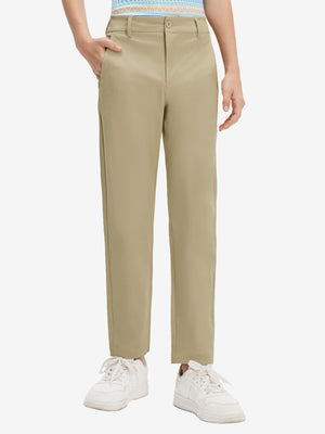 Front lower body shot of model wearing the khaki youth water resistant cotton blend golf pants, showcasing a relaxed fit