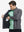 Model front half body lifting jacket, hand in inner pocket, textured insulated winter jacket, grey heather.