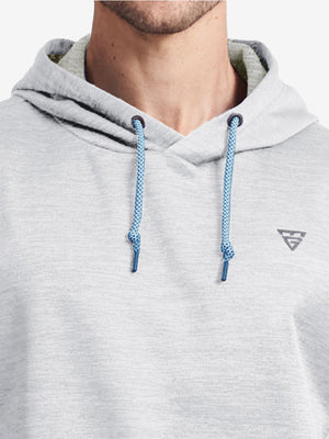Close-up front view from nose to chest showing Soft Heather Hoodies Pullover in ash grey heather