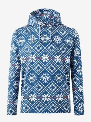 Front 3D view of trendy print fleece hoodies, clean silhouette in modern dark blue snowflake design