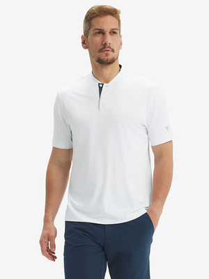 Front half-body of model wearing white Moisture-Wicking Henley.