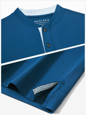 Detail of blue moisture-wicking short sleeve henley shirt showing collar and hem vent construction.