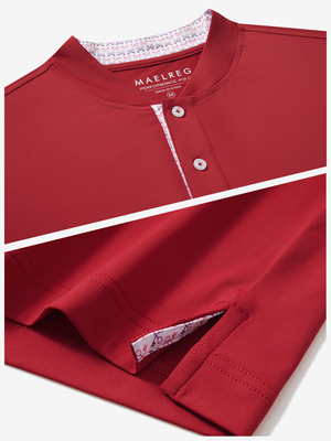 Detail of red moisture-wicking short sleeve henley shirt showing collar and hem vent construction.