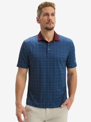 Front half-body of model in red white golf club lightweight stretch upgraded print golf polo shirts