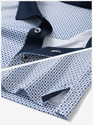 Detail: collar and hem slit of light dark blue graphics lightweight stretch upgraded print golf polo shirts