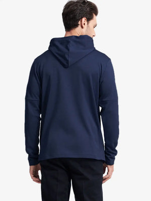 Another front half-body view showing structure and texture of Navy Heather fleece hoodie