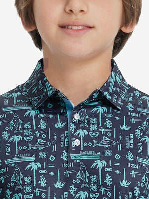 Front view of youth wearing navy ocean beach performance print boys golf polo, showing collar and chest fit