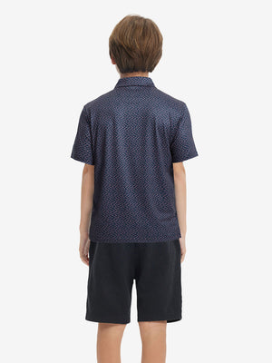 Back upper view of Stylish print boys polo shirts with clean lines and navy pink seagull tone