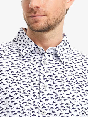 Front view from nose to chest wearing WHITE PURPLE SHARK Stylish Printing Summer Shirt.