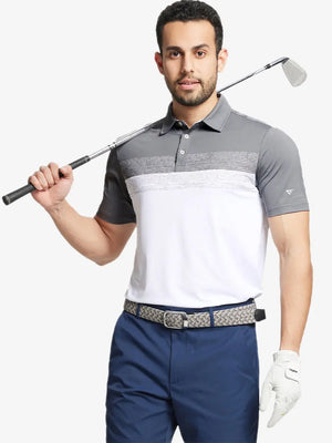 Half-body front shot holding golf club in WHITE Premium Performance Polo