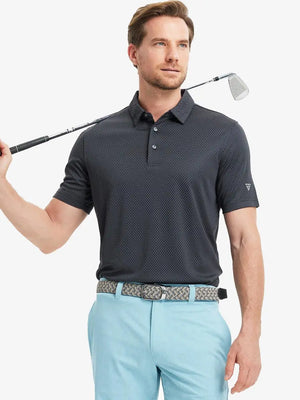 Full body front view of model wearing DARK GREY/BLACK Your Favorite Jacquard Polo, holding a golf club